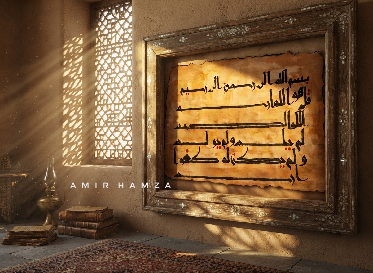 1000146200 Early Islamic Kufic Script Surah Al-Ikhlas – Handcrafted on Traditional Egyptian Papyrus/Parchment Paper by Amir Hamza - Image 1