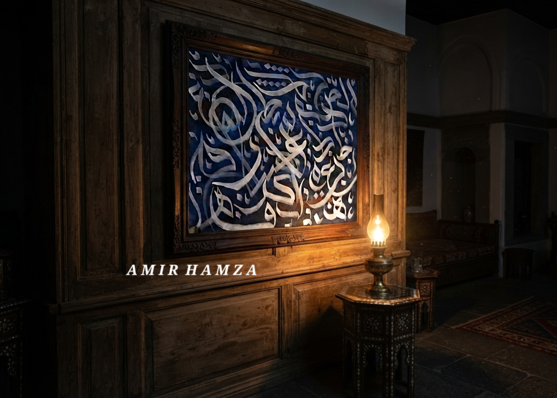 1784131755119 Modern Abstract Arabic Calligraffiti Canvas – Silver & Deep Blue Acrylic Artwork by Amir Hamza - Image 1